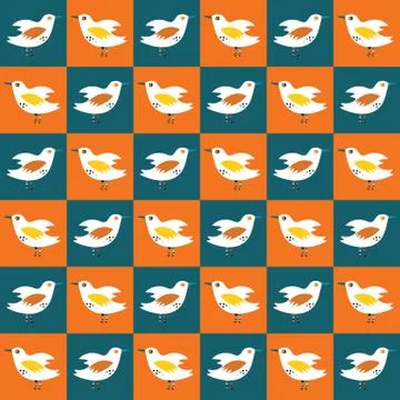 Funky cute bird mosaic vector seamless pattern. Hand drawn playfull birdies Stockillustratie