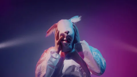 Funky, dancing white rabbit. Strange dream, psychodelic nightmare. Stock Footage 148489146