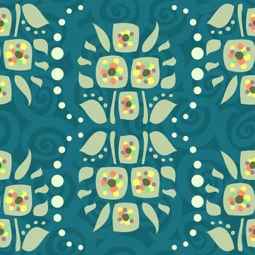 Funky Flower Repeat Pattern In Teal And Khaki With Swirls And Dots Stock Illustration