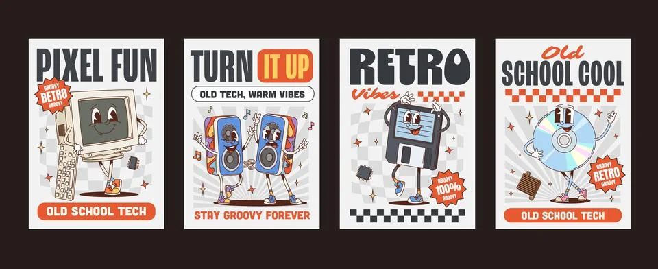 Funky groovy computer device characters posters Illustrazione stock