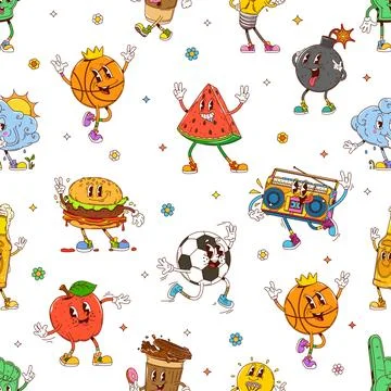 Funky groovy funny characters pattern background Illustrazione stock