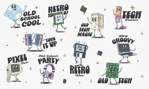 Funky groovy hippie computer characters stickers Stockillustratie
