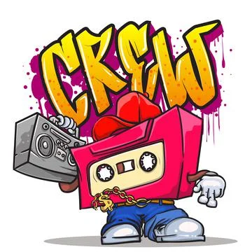 Funky hip hop crew. humanized cassette cartoon character vector illustration Stock Illustration