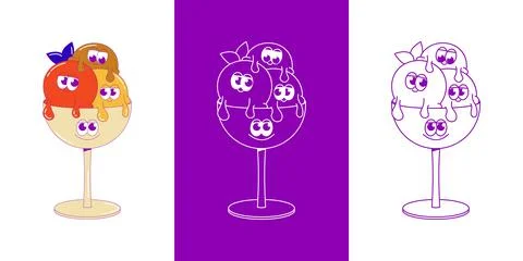 Funky ice cream. Three colored balls in bowl with funky faces. Cute charact.. Stock Illustration