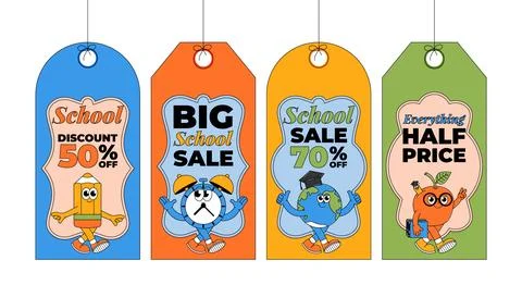 Funky label, tag set with retro groovy characters. Back to school and educa.. Stock Illustration