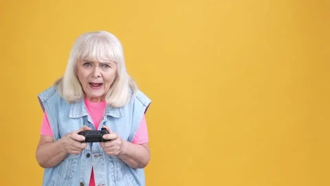 Funky lady playing station game lose isolated vibrant color background Stock Footage 189844402