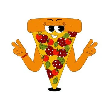 Funky pizza slice character with pepperoni, tomatoes, basil in trendy retro.. Stock Illustration