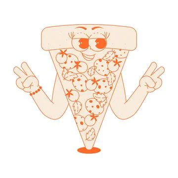 Funky pizza slice character with pepperoni, tomatoes, basil in trendy retro.. Stock Illustration