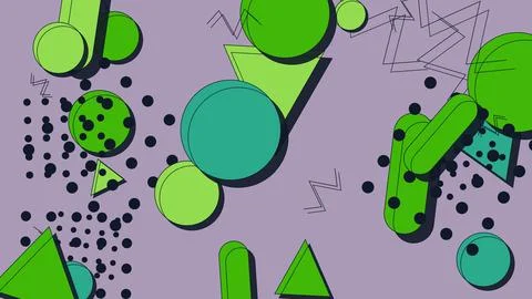 Funky Retro Memphis Pattern Background with Green Geometric Circles Triangl.. Stock-Illustration