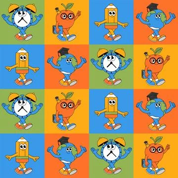 Funky seamless pattern with retro groovy characters in a squares. Back to s.. Stock Illustration