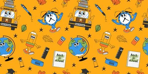 Funky seamless pattern with retro groovy characters. Back to school and edu.. Stock Illustration
