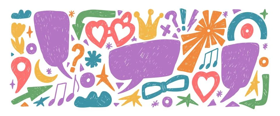 Funky speech bubbles and crayon quotation frames for talk designs. Hand drawn 스톡 일러스트