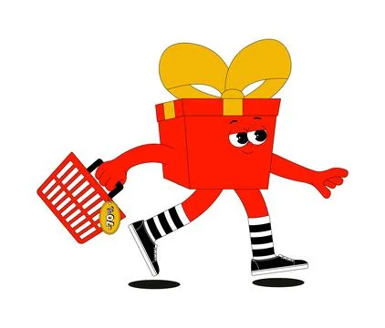 Funky sticker red gift box wearing classic sneakers. Funny retro running bo.. Stock Illustration