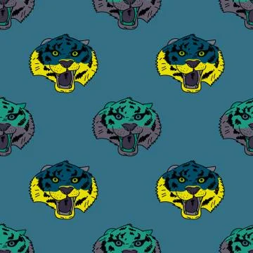 Funky tiger face seamless pattern Stock Illustration