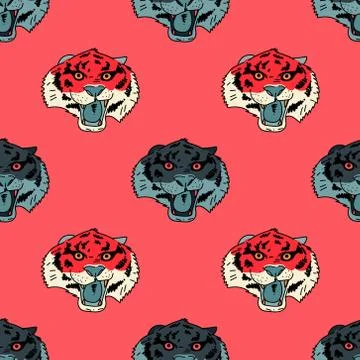 Funky tiger face seamless pattern Stock Illustration