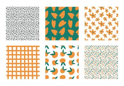 Funky, trendy seamless patterns set with flowers, peaches, crumbs, hearts in Stock Illustration