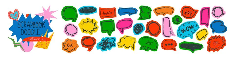 Funky Y2K speech bubble scrapbook collection. Colorful comic dialogue bubbl.. Stockillustratie