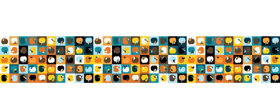 Funkyapple fruit mosaic vector seamless border pattern. Hand drawn playfull Illustrazione stock