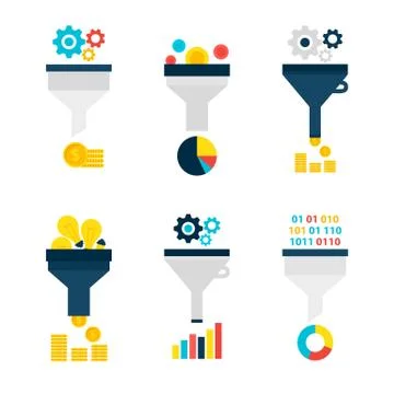 Funnel Chart Flat Objects Set isolated over White Stock Illustration