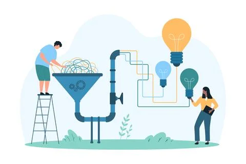 Funnel conversion of data flow into ideas, automation in selection and Stock Illustration