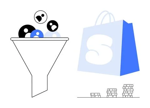 Funnel directing simple shapes, blue shopping bag and stacked coins represent Stock Illustration