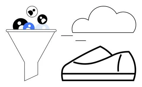 Funnel filled with leads, cloud icon, and shoe representing customer conversi Stock Illustration