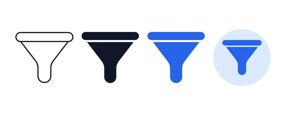 Funnel filter icon variations in four distinct styles including outline sol.. 스톡 일러스트