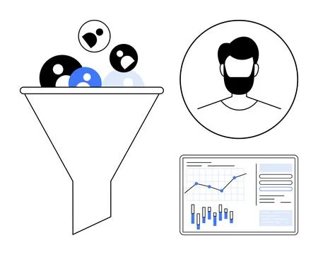 Funnel filtering customers, user profile with beard, data analytics chart wit Stock Illustration