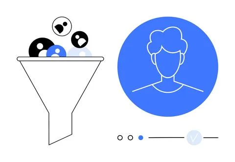 Funnel filtering diverse user icons, leading to a singular user profile with  Stock Illustration