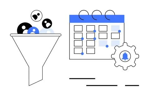 Funnel filtering user profiles into a calendar setup with notification gear.  Stock Illustration