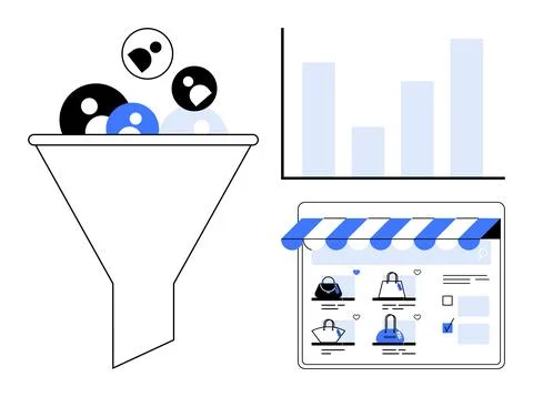 Funnel filtering users, bar chart displaying data, and storefront interface.  Stock Illustration