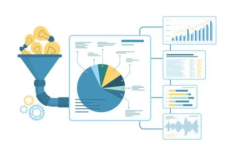 Funnel for information and idea conversion, filter with light bulbs and diagrams Stock Illustration