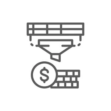 Funnel with money, finance conversion, optimization income line icon. Illustrazione stock