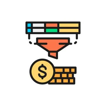 Funnel with money, finance conversion, optimization income flat color icon. 스톡 일러스트