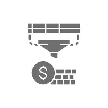 Funnel with money, finance conversion, optimization income grey icon. Illustrazione stock