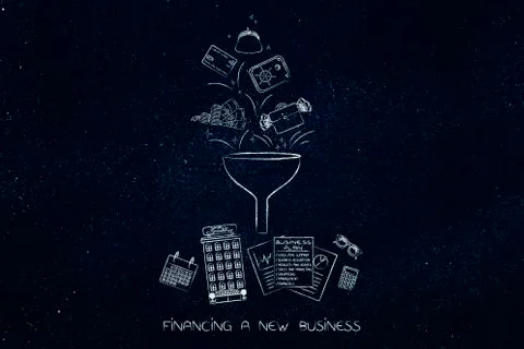 Funnel processing different method of payments into company building, documen Ilustración de archivo