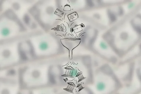 Funnel processing different payment methods into bank account icons Illustrazione stock