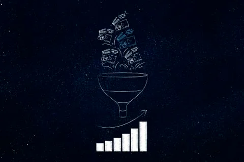 Funnel with social media posts going in and growth stats result from them Stock Illustration