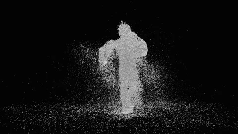 A funny 3D animated character dancing with swords while water splashes Stock Footage 333787212