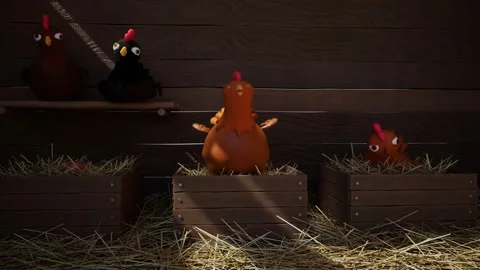 Funny 3D animation with a fluffy chickens laying eggs on a perch in a henhouse. Video stock 201119503