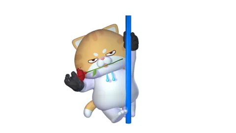 Funny 3D Cat with Rose Spinning Around Pole on White Background  4K Video Stock Footage 302859227