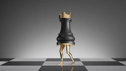 Funny 3D chess rook character with golden legs dancing on board Stock Footage 317051637