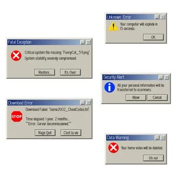 Funny absurd pixel error popup window collection, retro vector illustration Ilustración de archivo