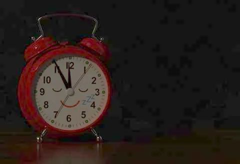 Funny alarm clock sleeps on a table in dark bedroom. 3D rendering Stock Illustration