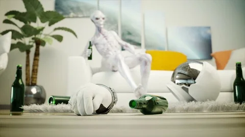 Funny alien with beer sit on sofa. Relax. Alien concept. Realistic 4K animation. Stock Footage 82288365