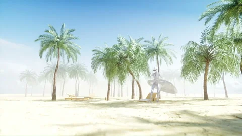 Funny alien dancing on sunny seaside. Tourism and rest concept. Realistic 4K Stock Footage 93533771