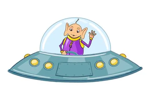 Funny alien on a flying saucer Stock Illustration