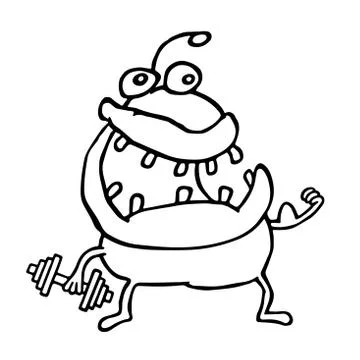Funny alien monster keeps a dumbbell. Vector illustration. Stock Illustration