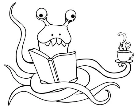 Funny alien monster with tentacles reads a book and drinks tea - a vector linear Stock Illustration