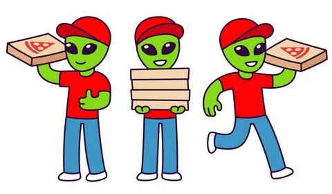 Funny alien pizza delivery Stock Illustration